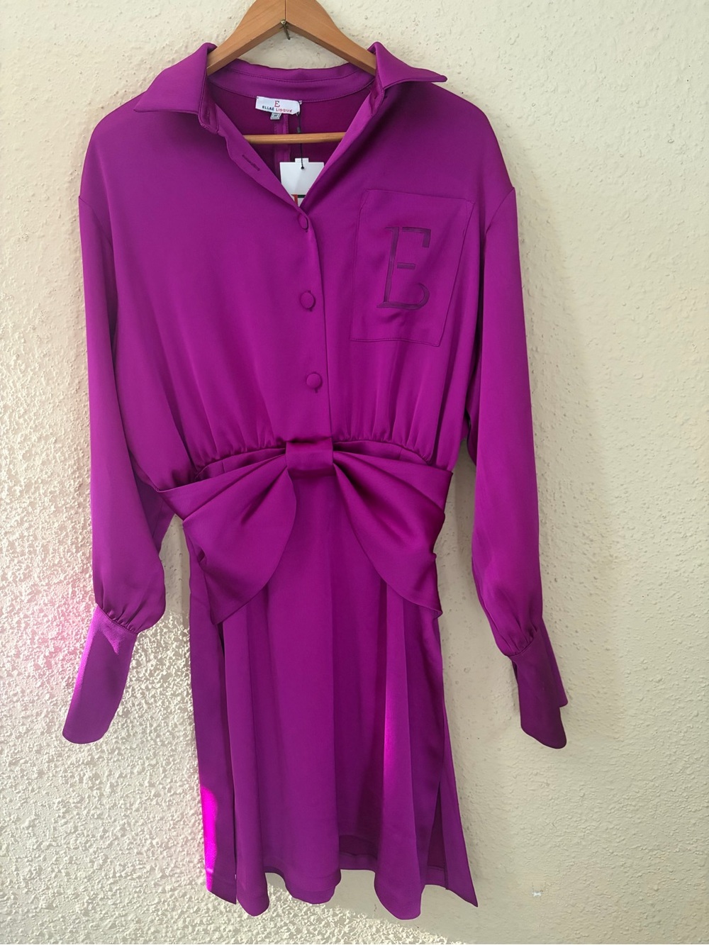 Bow-Tie Waist Long Sleeve Shirt Dress in Magenta